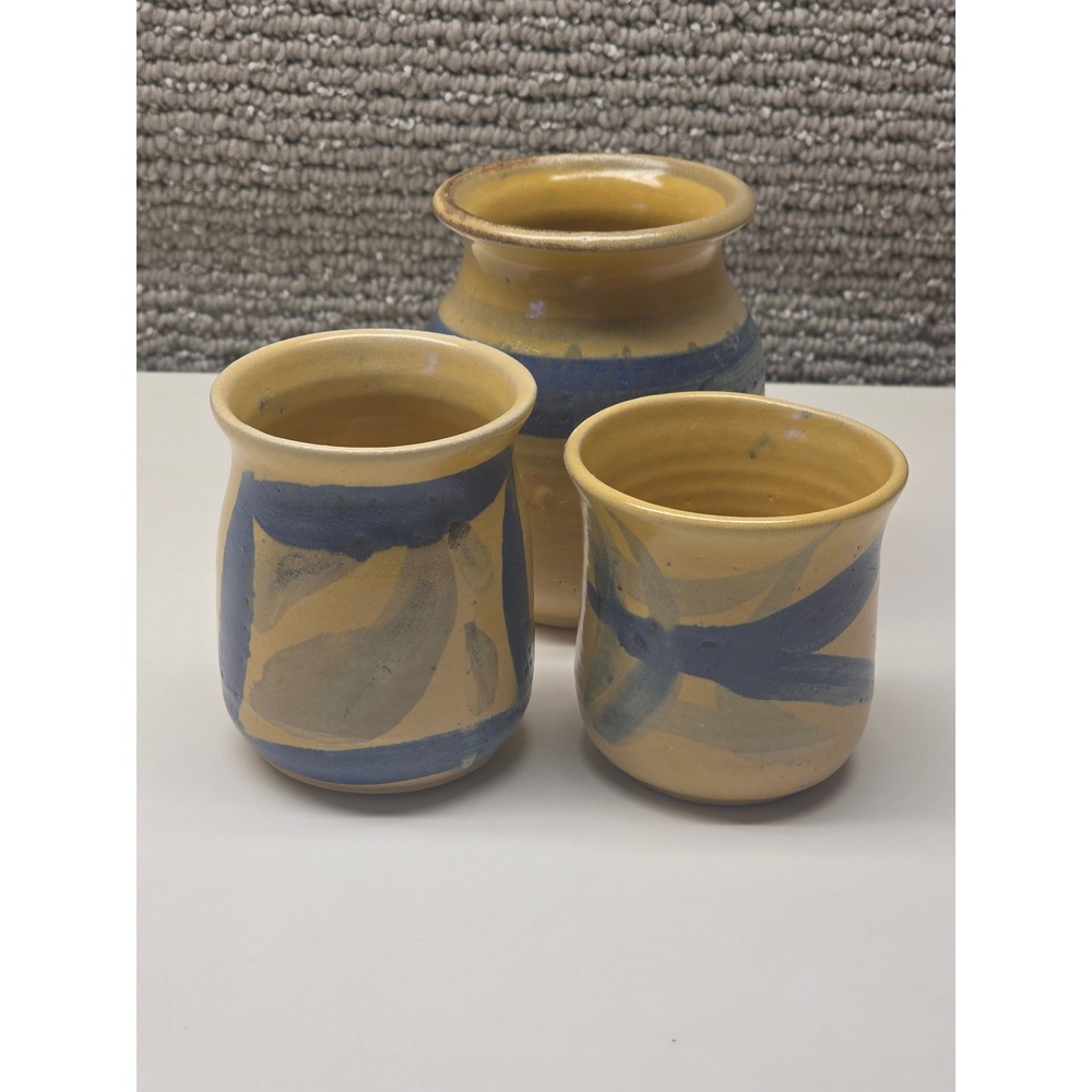 Studio Pottery Signed 3pc‎ Set Yellow Blue Stoneware Vase & Cups Hand Thrown Art
